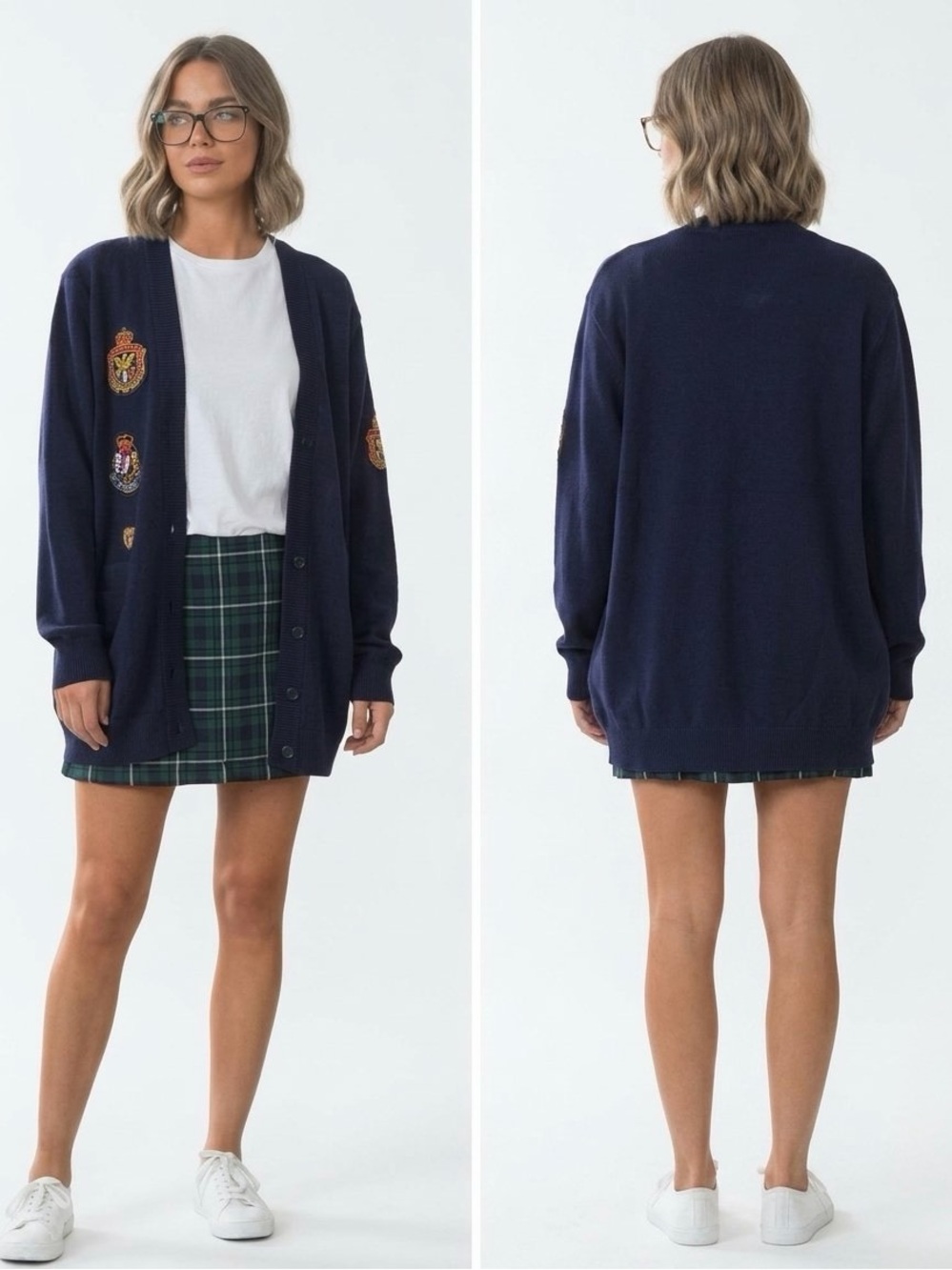 VTG 80s John Bull Navy Wool Crest Patch Cardigan Sweater Oversized Academia S-XL